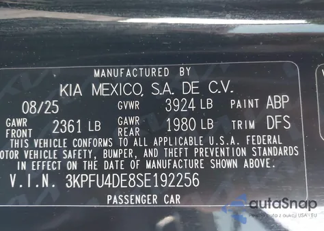 2025 Kia K4 Ex из США, поврежденный, VIN 3KPFU4DE8SE192256